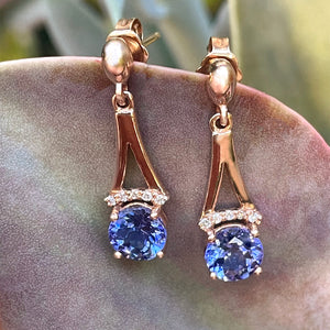 Round Cut Tanzanite and Rose Gold Drop Earrings with Diamond Crown Accent