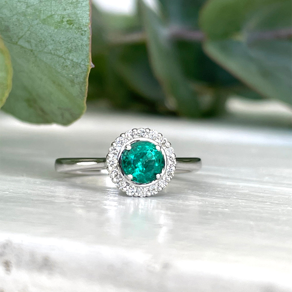 Classic Round Cut Emerald With Diamond Halo Ring