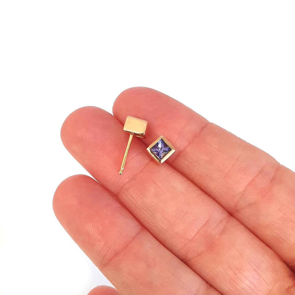 Classic Square Cut Tanzanite Rose Gold Bezel Set Studs