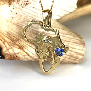 Striking Elephant Africa Map and Tanzanite Yellow Gold Pendant