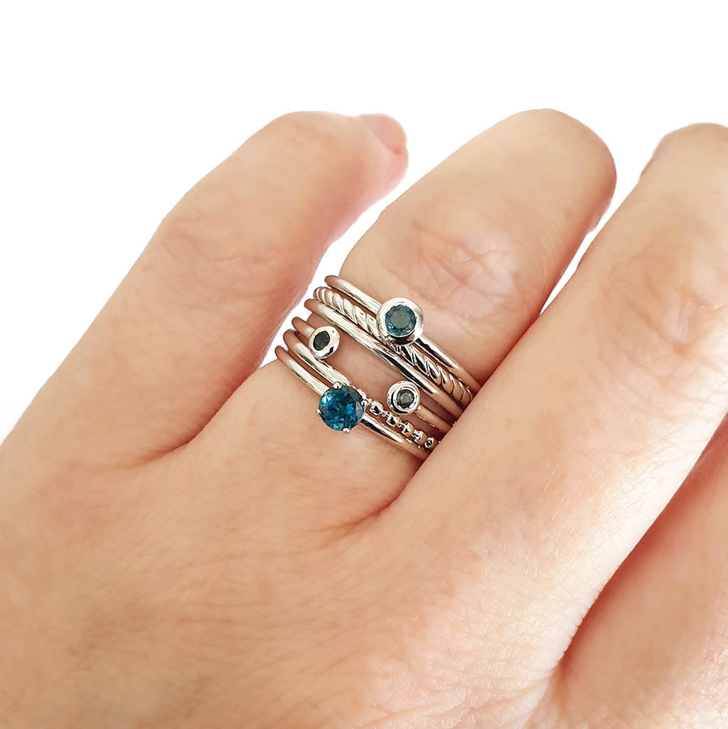 Open White Gold Double Bezel 2mm London Blue Topaz Stacking Ring