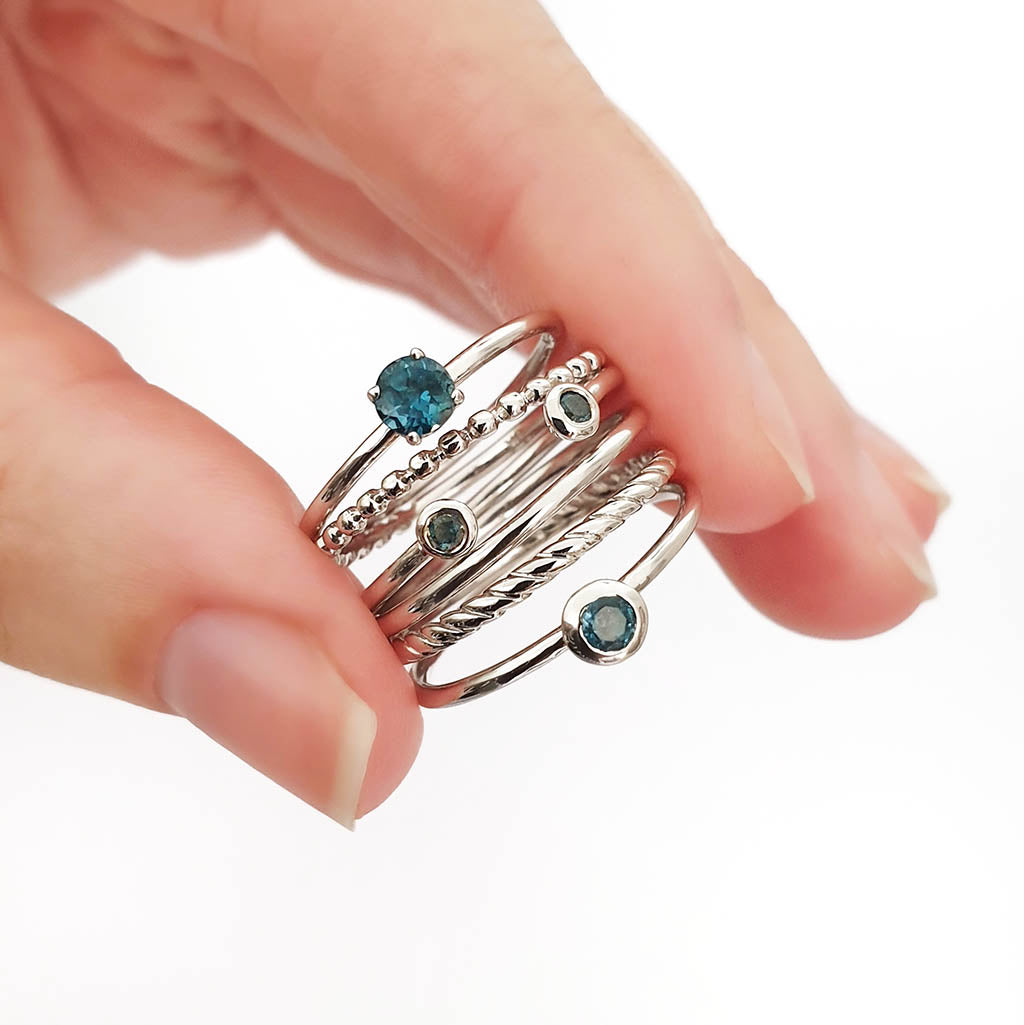 Open White Gold Double Bezel 2mm London Blue Topaz Stacking Ring