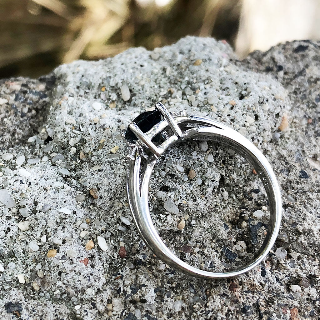 Blue topaz black diamond ring sales