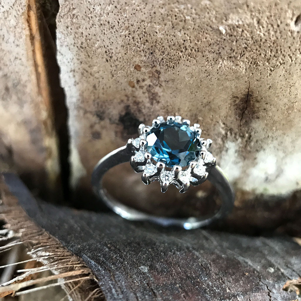 London Blue Topaz and Diamond halo Ring