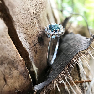 London Blue Topaz and Diamond halo Ring