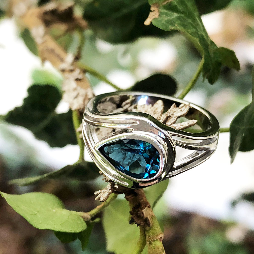 Looped Double Band Pear Cut London Blue Topaz Ring
