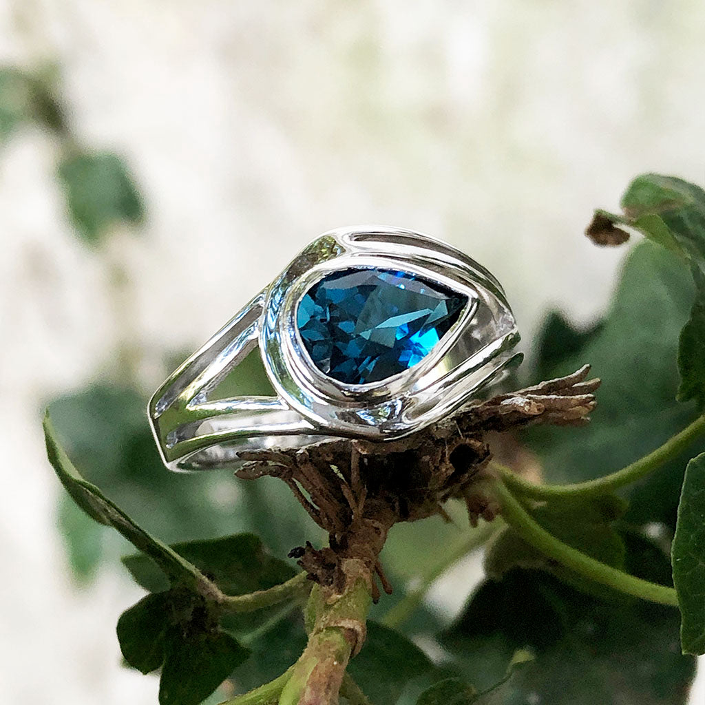 Looped Double Band Pear Cut London Blue Topaz Ring