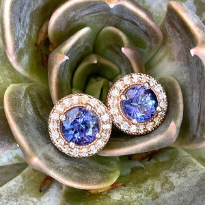 Glam Diamond Halo Round Cut Tanzanite Rose Gold Studs