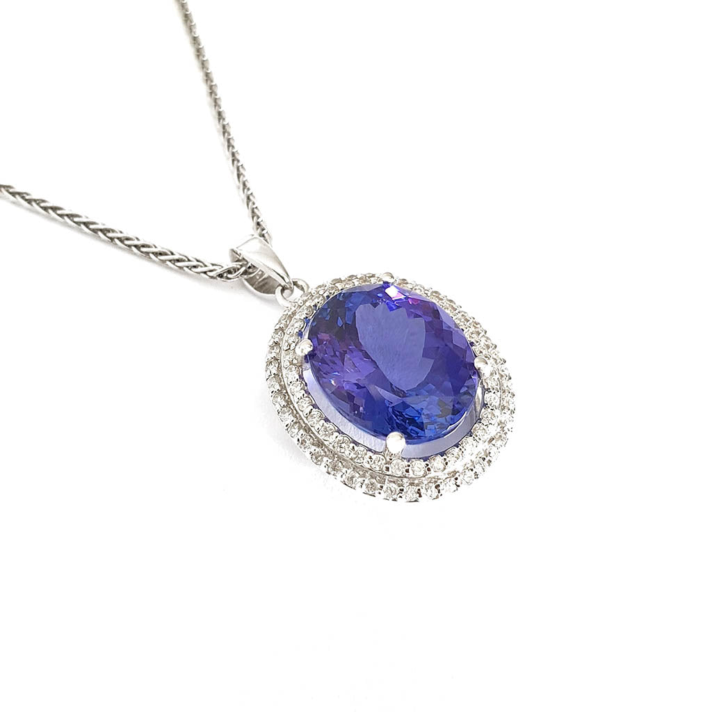 Luxurious Double Diamond Halo Oval Tanzanite Pendant
