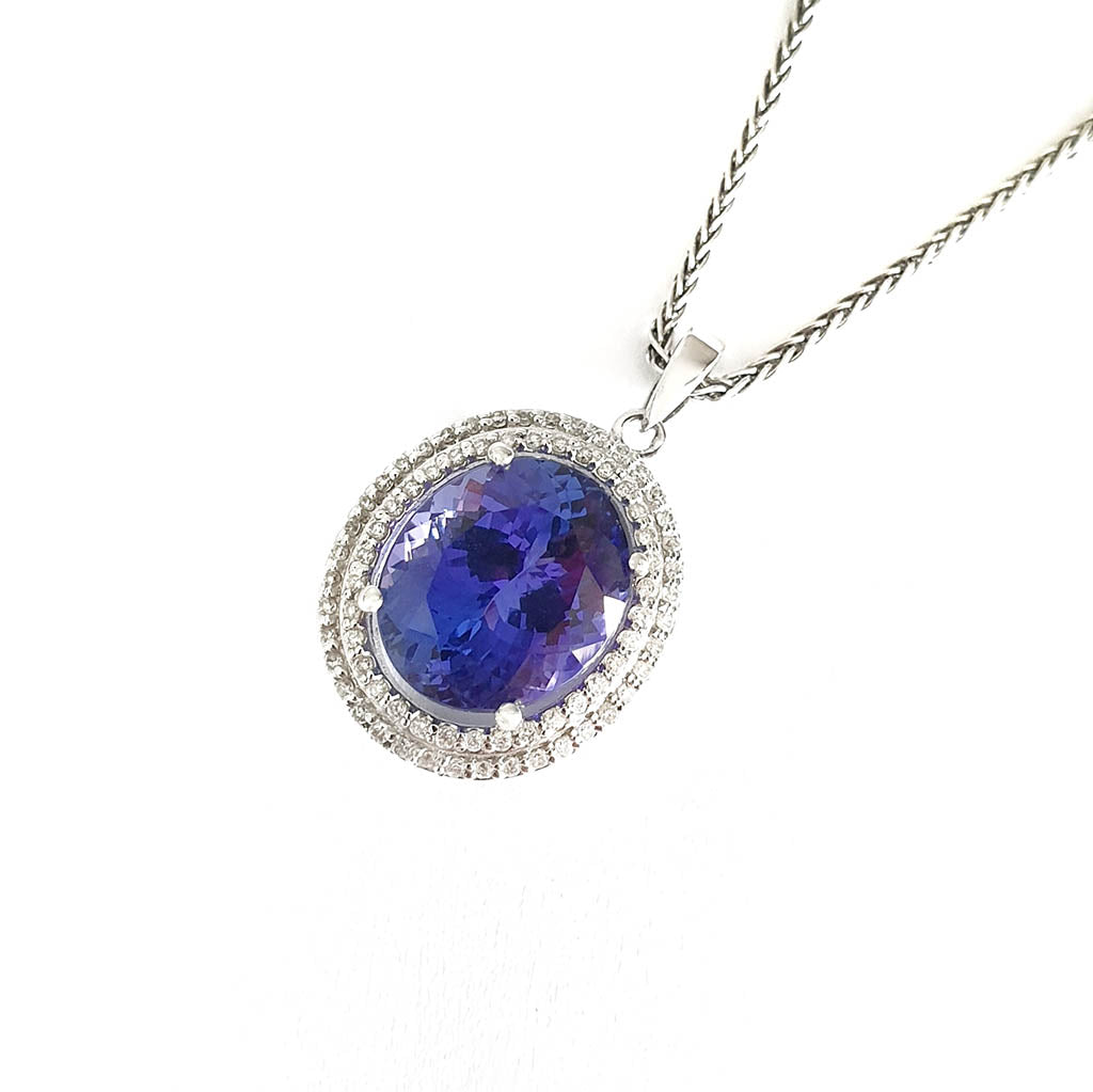 Luxurious Double Diamond Halo Oval Tanzanite Pendant