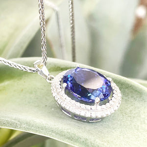 Luxurious Double Diamond Halo Oval Tanzanite Pendant