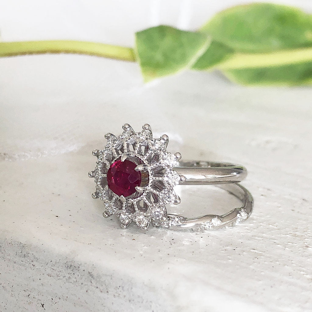 Mandala Inspired Ruby and Diamond Wedding Set