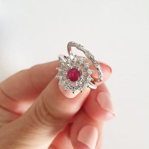 Mandala Inspired Ruby and Diamond Wedding Set