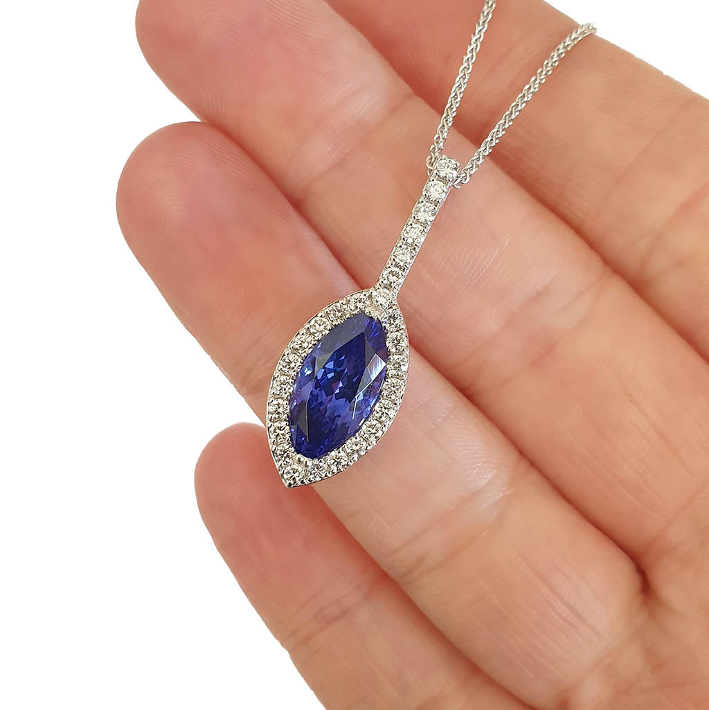 Marquise-Cut Tanzanite, Diamond Halo and Pavé Bale Pendant