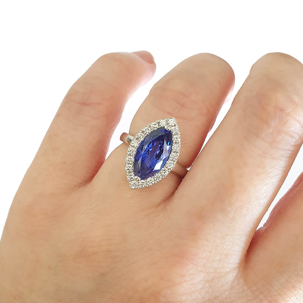 Marquise Cut Tanzanite and Diamond Halo Ring