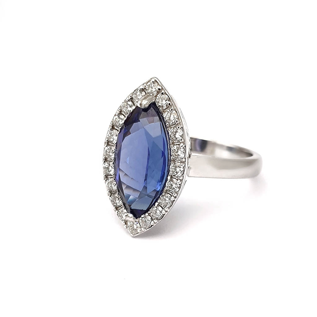Marquise Cut Tanzanite and Diamond Halo Ring