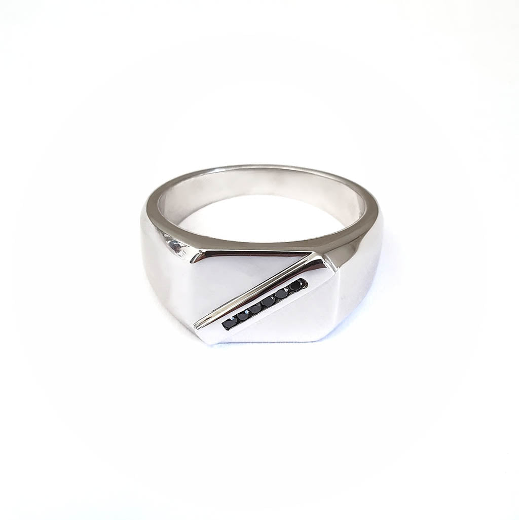 Mens  Unisex White Gold Signet Ring With Diagonal Black Diamond Detail