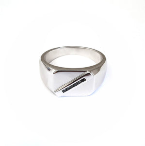 Mens  Unisex White Gold Signet Ring With Diagonal Black Diamond Detail