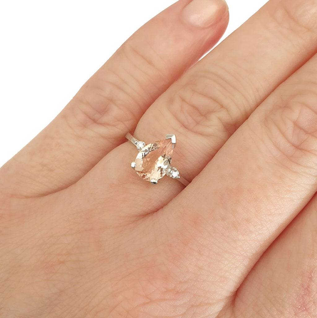 Morganite Pear Cut White Gold with Diamond Shoulder Highlight Ring