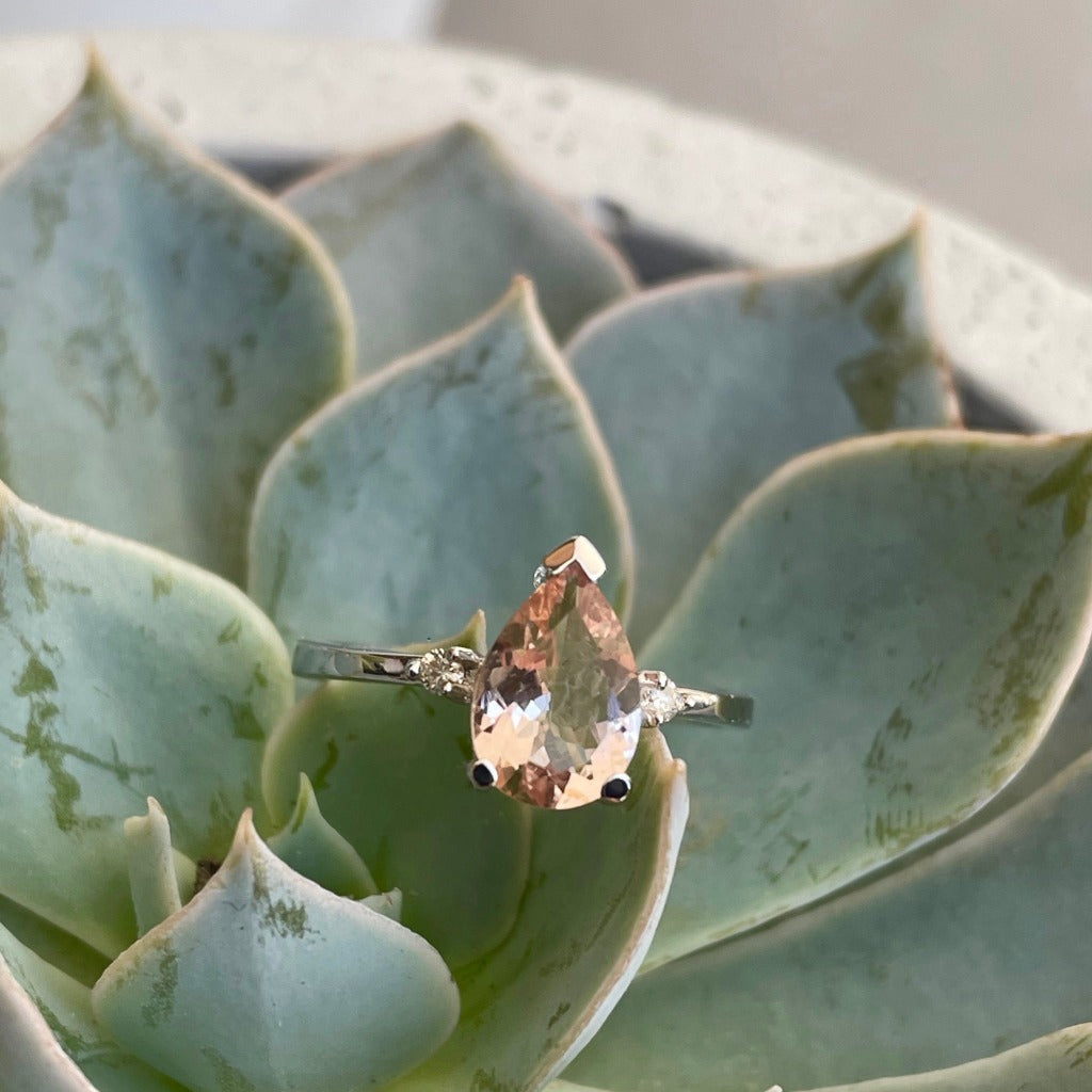 Morganite Pear Cut White Gold with Diamond Shoulder Highlight Ring