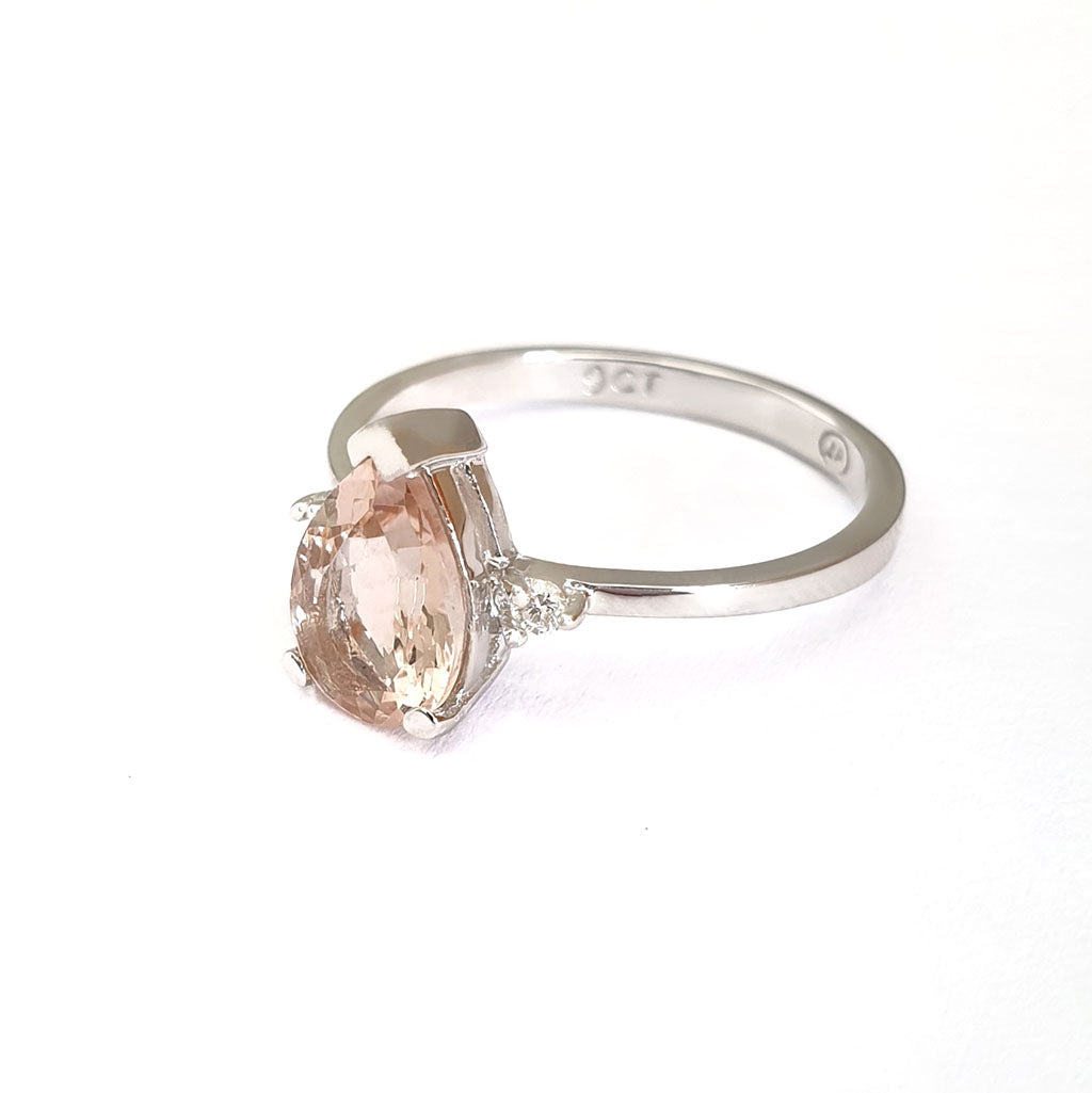Morganite Pear Cut White Gold with Diamond Shoulder Highlight Ring