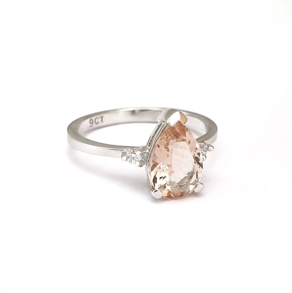 Morganite Pear Cut White Gold with Diamond Shoulder Highlight Ring