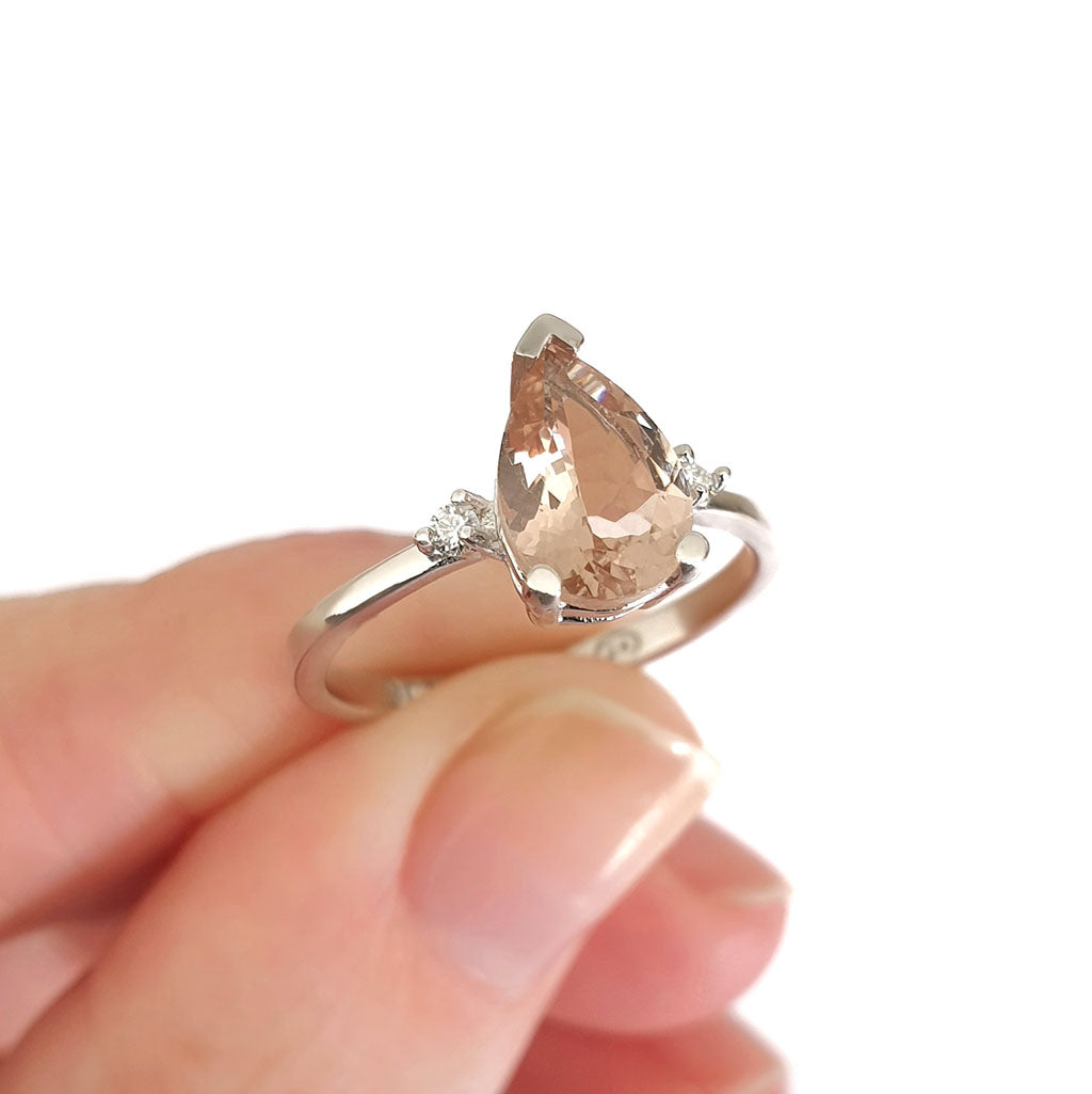 Morganite Pear Cut White Gold with Diamond Shoulder Highlight Ring