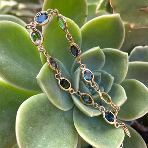 Multi Green and Blue Oval Bezel Set Oval Yellow Gold Bracelet