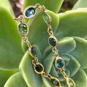 Multi Green and Blue Oval Bezel Set Oval Yellow Gold Bracelet