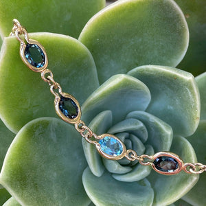 Multi Green and Blue Oval Bezel Set Oval Yellow Gold Bracelet