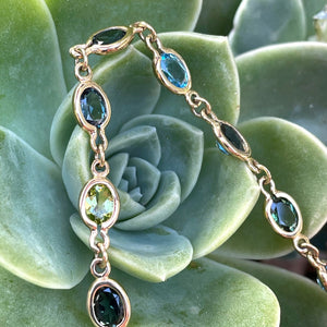 Multi Green and Blue Oval Bezel Set Oval Yellow Gold Bracelet