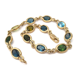 Multi Green and Blue Oval Bezel Set Oval Yellow Gold Bracelet