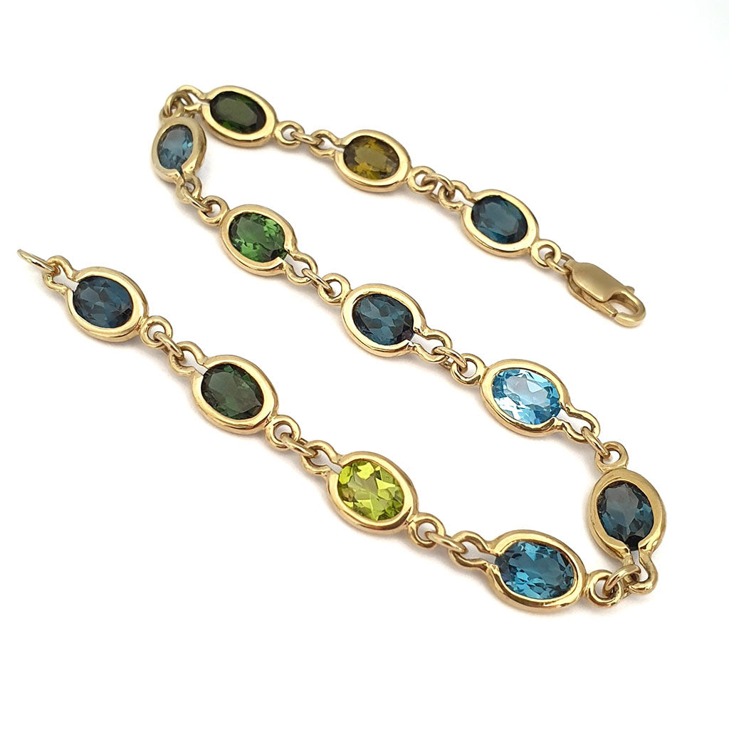 Multi Green and Blue Oval Bezel Set Oval Yellow Gold Bracelet