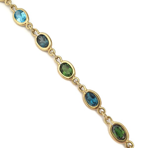 Multi Green and Blue Oval Bezel Set Oval Yellow Gold Bracelet