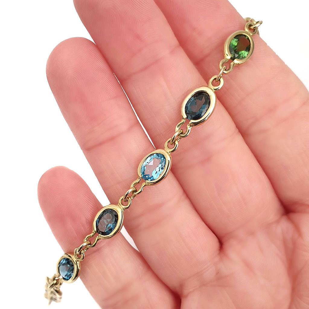 Multi Green and Blue Oval Bezel Set Oval Yellow Gold Bracelet