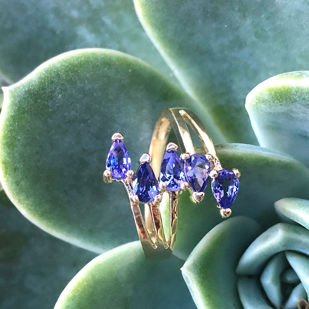 Multi Pear Cut Tanzanite Yellow Gold Ring