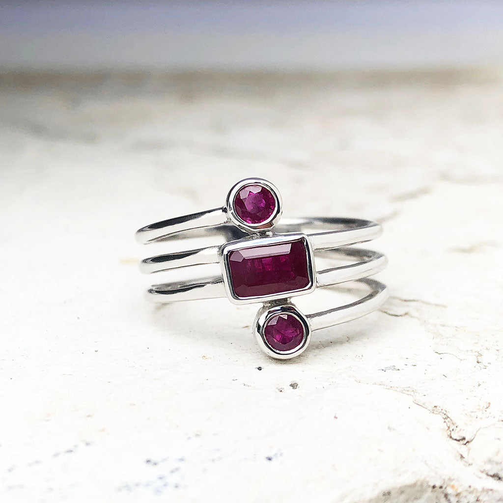 Multiband Octagonal and Round Cut Ruby Ring