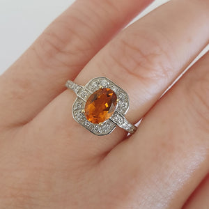 Oval Citrine With Square Diamond Halo and Shank Detail Ring