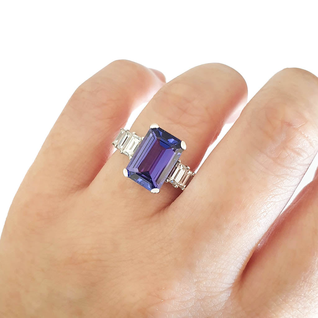 Octagonal Cut Tanzanite and Emerald Cut Diamond Ring Afrogem