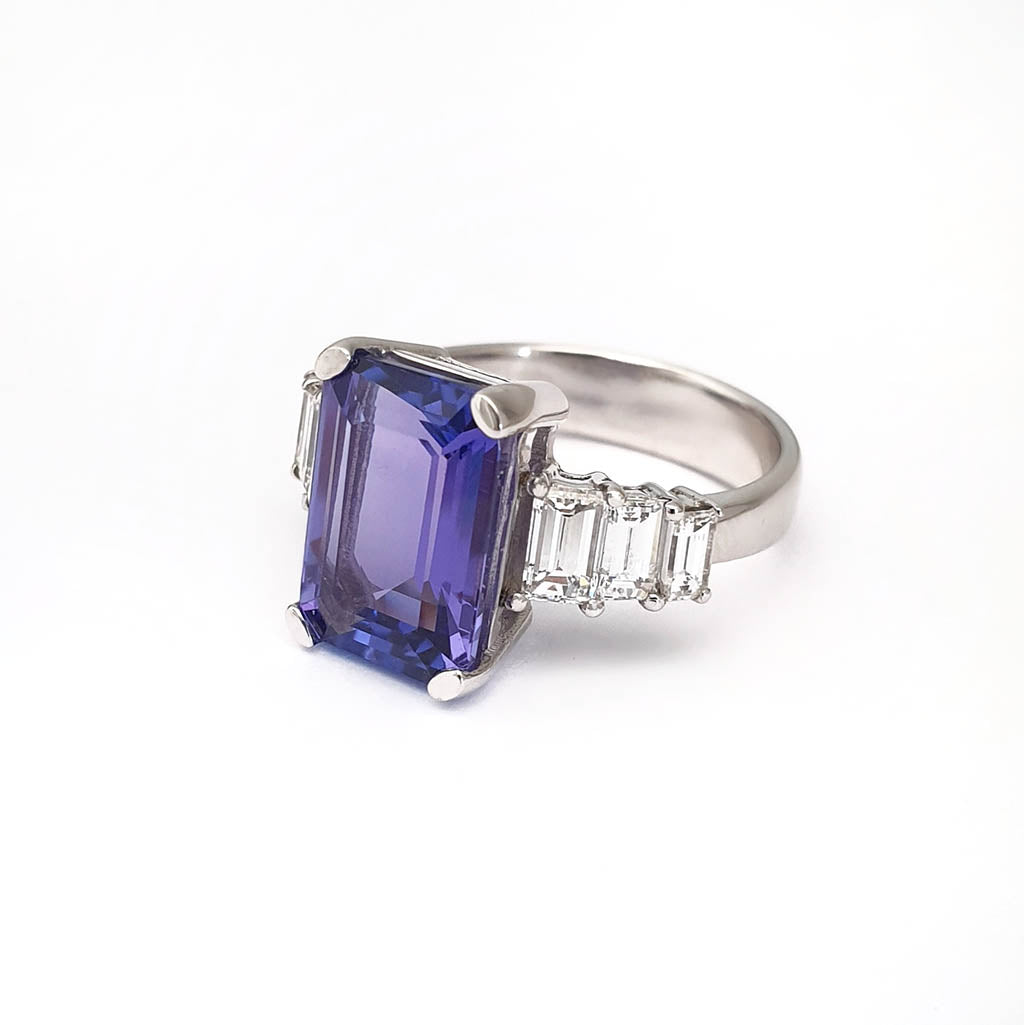 Octagonal Emerald Cut Tanzanite and Baguette Diamond Ring
