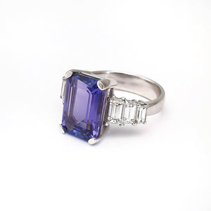 Octagonal Emerald Cut Tanzanite and Baguette Diamond Ring