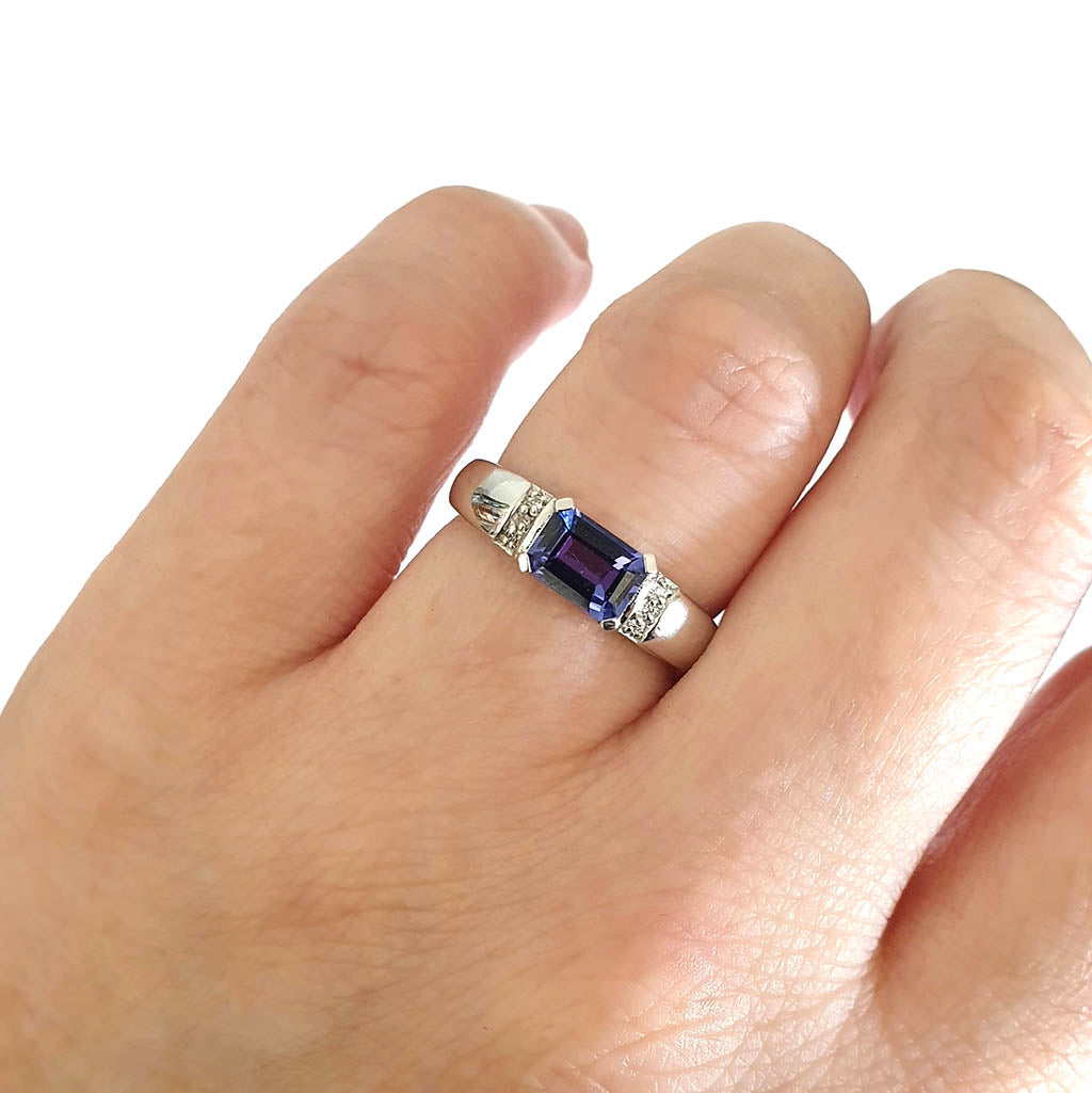 Octagonally Cut Tanzanite with Diamond Accent Ring