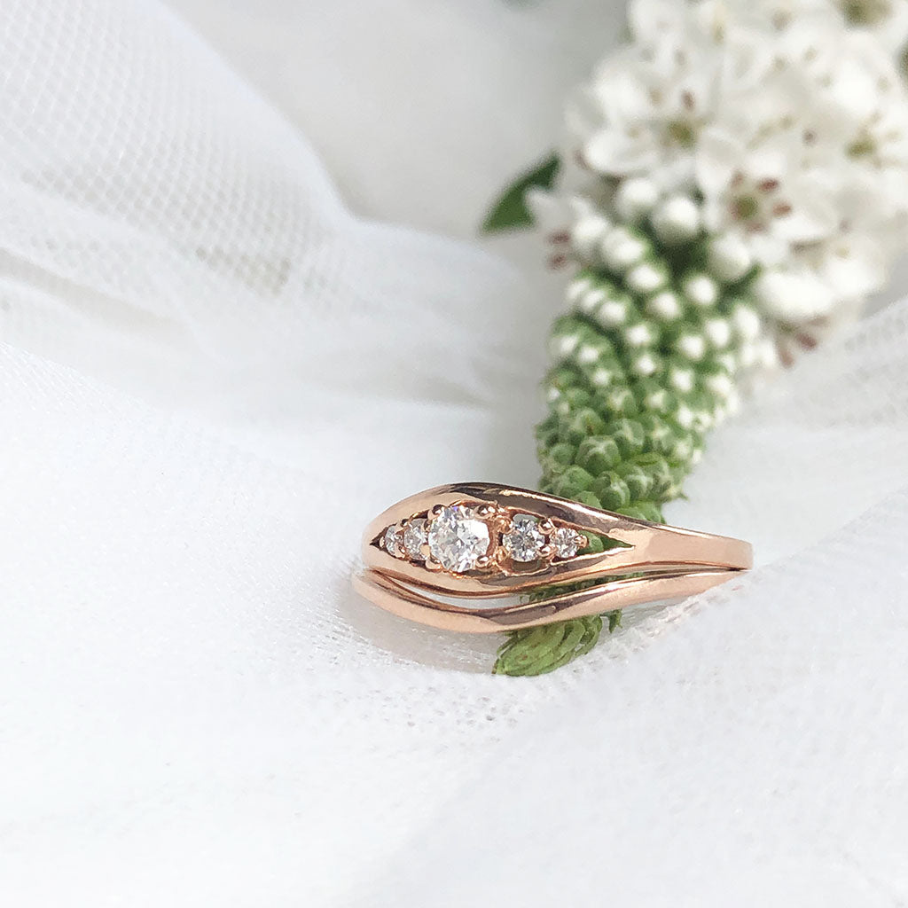 Open Band Five Diamond Rose Gold Engagement Ring and Wedding Band Set