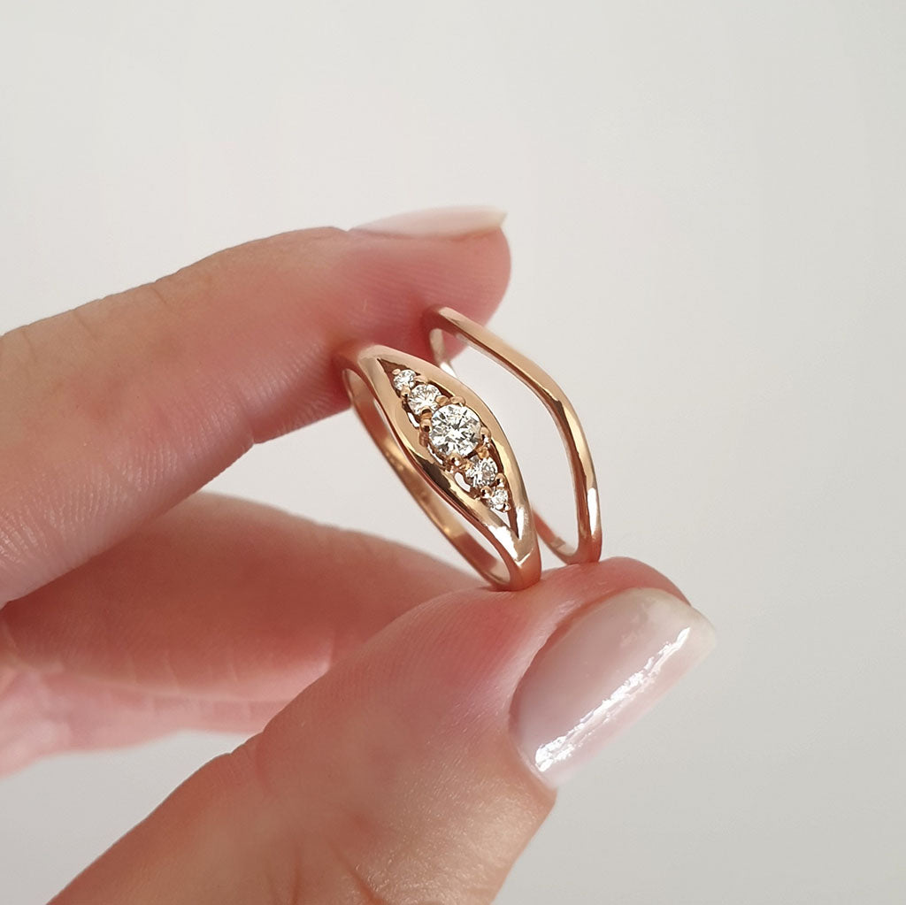 Open Band Five Diamond Rose Gold Engagement Ring and Wedding Band Set