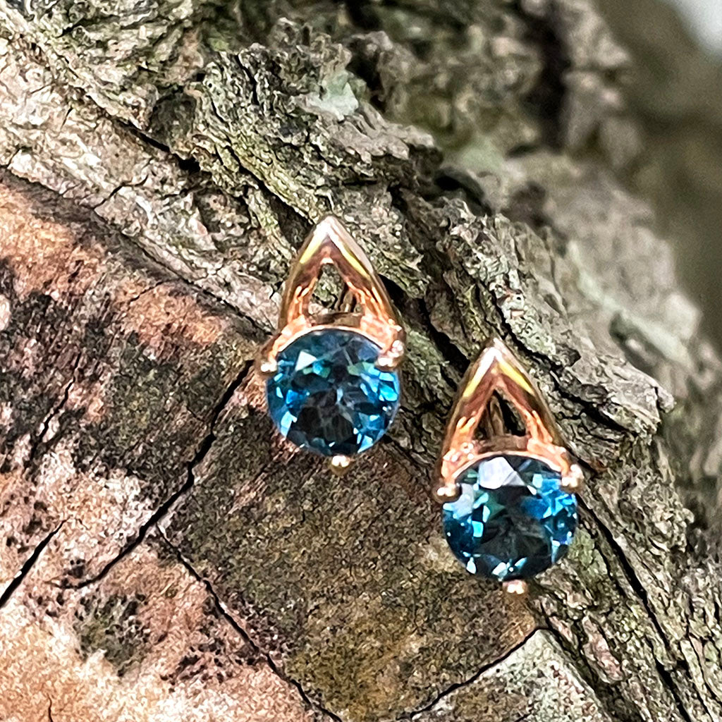 Open V Round Cut Blue Topaz Rose Gold Earrings