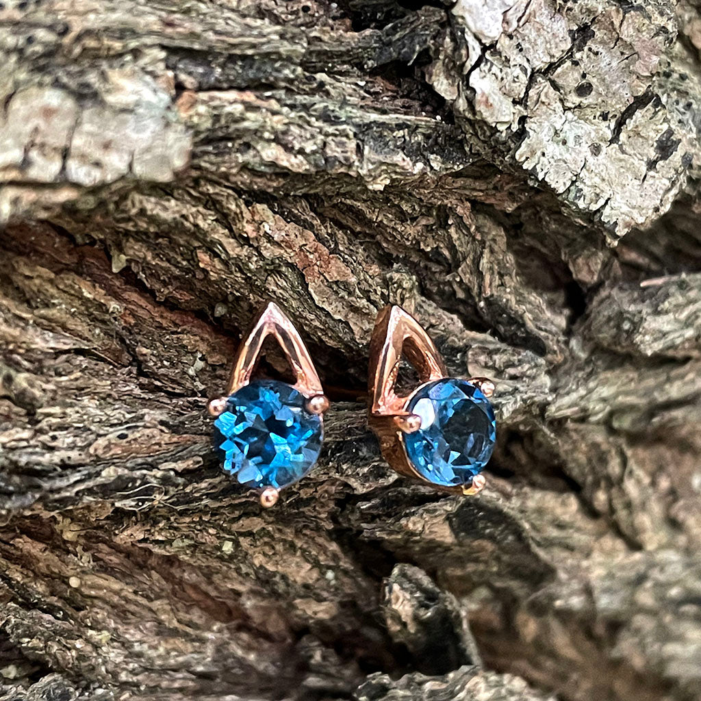 Open V Round Cut Blue Topaz Rose Gold Earrings