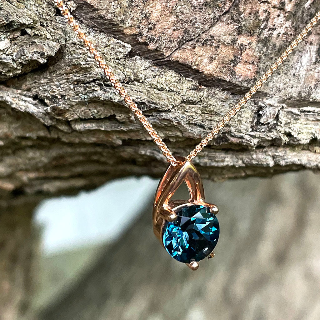 Open V Round Cut Blue Topaz Rose Gold Pendant and Chain