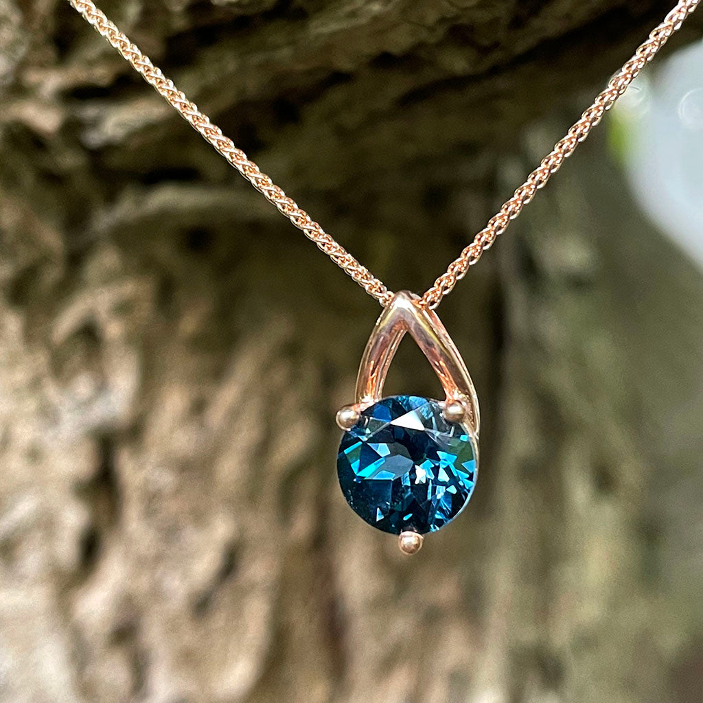 Open V Round Cut Blue Topaz Rose Gold Pendant and Chain