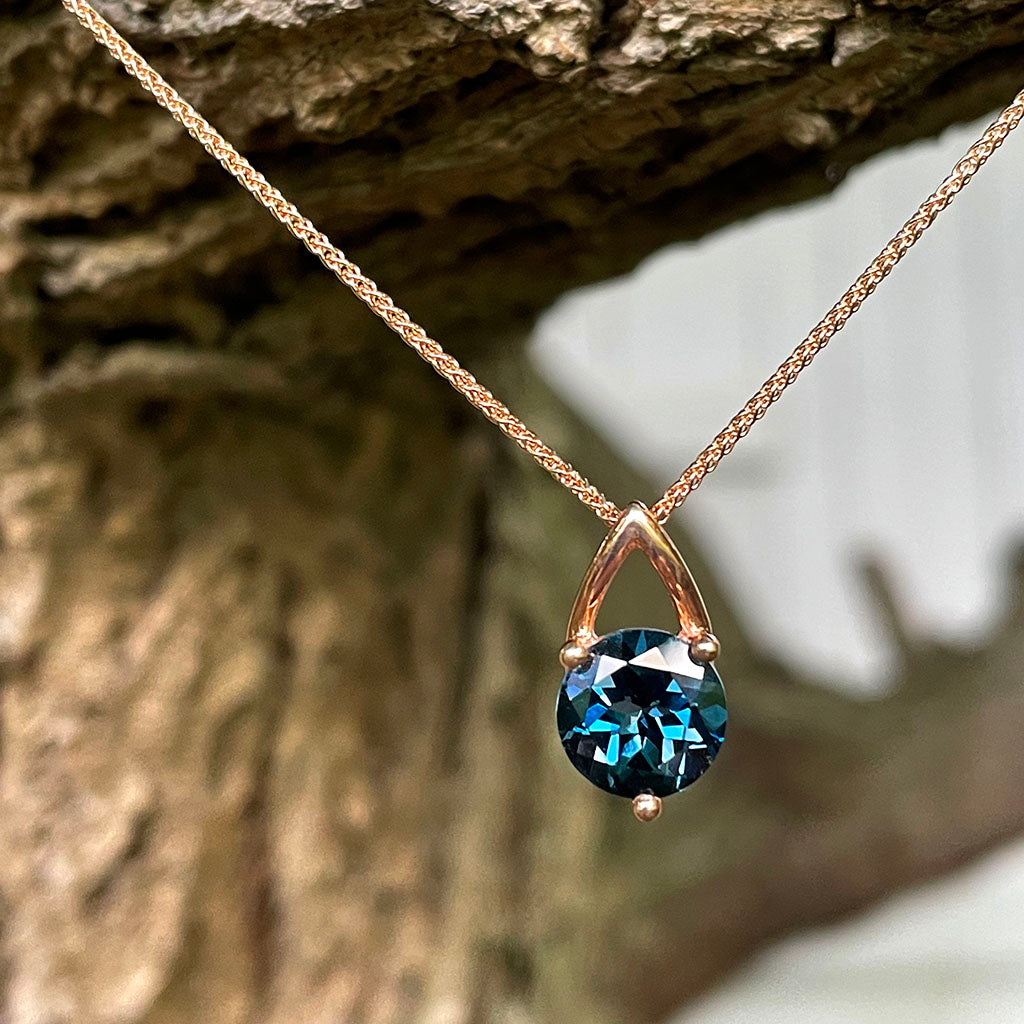 Open V Round Cut Blue Topaz Rose Gold Pendant and Chain