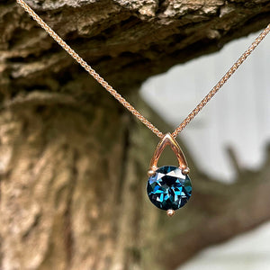 Open V Round Cut Blue Topaz Rose Gold Pendant and Chain